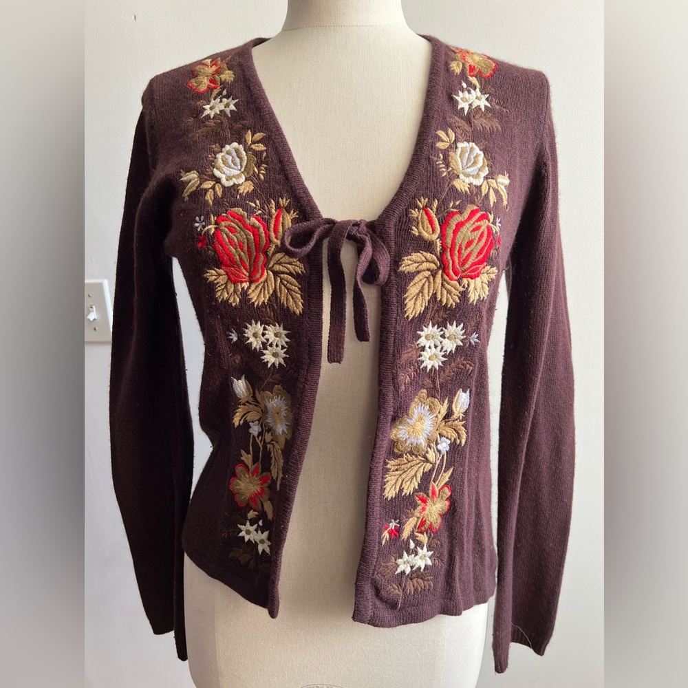 Anthropologie Sleeping On Snow Floral Embroidered Open Cardigan with Tie Closure